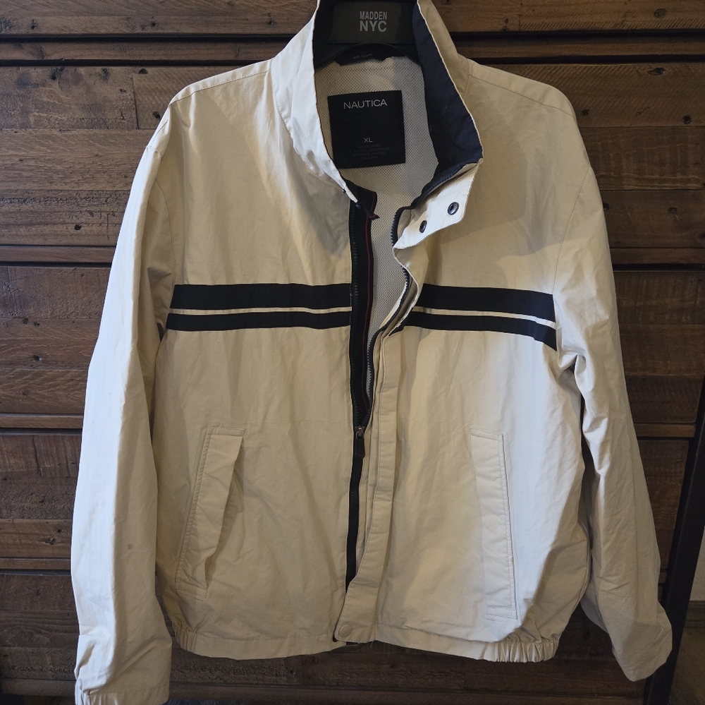 Nautica Men's Beige Windbreaker with Black Stripes